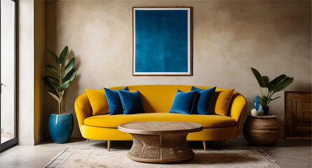 Interior design of modern living room with yellow sofa blue pillows and wood round table for tea or coffee