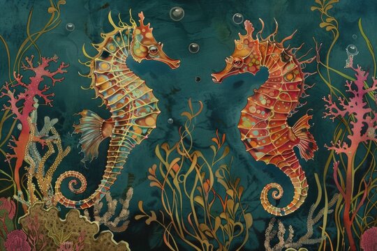 Two seahorses swimming in the ocean