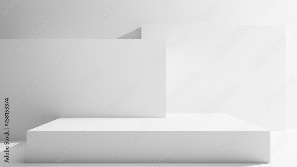 Aufkleber White Abstract minimalistic room studio stage table background empty display - abstract white display room background, bright light clean background walls and floor, white shadows and spotlight room