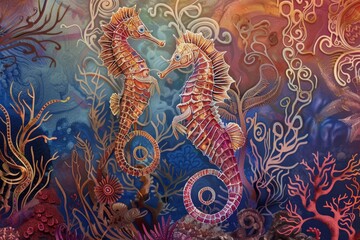 Two seahorses are swimming in a colorful ocean scene