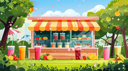 Illustrations of kiosk smoothies shop in summer with summer background