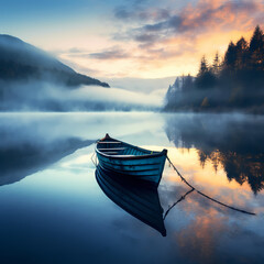 A lone boat on a calm lake. 