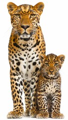 Male leopard and cub portrait with text space, object on right side, ideal for adding information