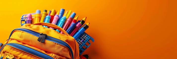 School bag essentials  stationery supplies banner design on orange background with copy space