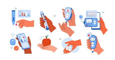 Diabetes management concept set. Collection of people check and monitor blood sugar level with glucometer, insulin pump, glucose monitors. Hands hold various diabetes devices. Vector illustration. - 758153941