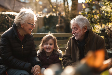 Family portrait.  Grandfather and grandmother with a smiling girl. In a park. 