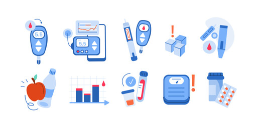 Diabetes management concept set. Collection of glucometer, insulin pump, glucose monitors and other diabetic treatment devices and drugs. Vector illustration.