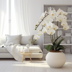 Interior design with white room and orchid flower displayed in a beauty room setting.