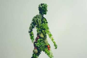 Creative concept, health, vegetarianism, health day. Silhouette of a man on a background of vegetables, double exposure
