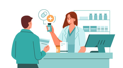 Pharmacist standing at pharmacy counter, talking with patient, consulting about prescription drug. Pharma professional at drugstore concept. Vector illustration.