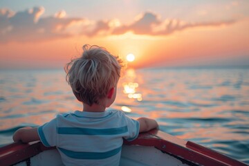 Close-up of a boat, the boy has a white and blue T-shirt and blond hair. He is looking at the sea at sunset - obrazy, fototapety, plakaty