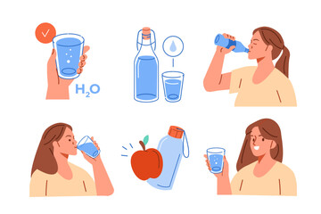 Hydration concept set. Collection of woman holding bottle and glass in hand and drinking pure water. Vector illustration.