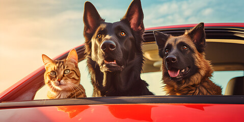 A cat and a dog enjoying the van life in their camper van ,Beautiful Dog and Cat pic