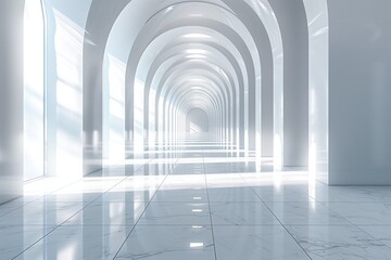 3D rendering of conceptual architecture, of a hallway of arches. All in white marble with incoming light
