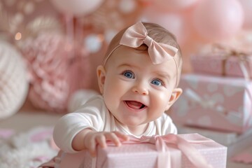 Up-close perspective highlighting the adorable smile of a baby girl as she reaches out to grab her first birthday present, wrapped in delicate pink paper and adorned with a bow
