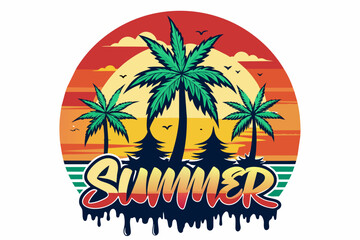 Fototapeta na wymiar Text: Summer!, elegant round vector tshirt design, cannabis buds, neon paint dripping sunset, white background, no mockup, illustration, poster