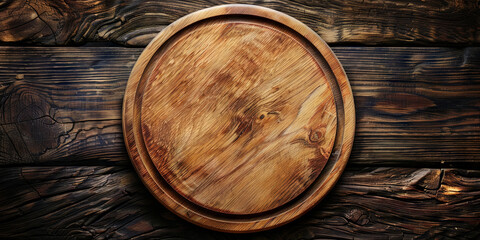 Empty wooden round pizza board on dark wood background, mockup for product presentation  - obrazy, fototapety, plakaty