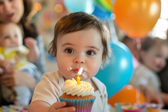 Up-close perspective highlighting the chubby cheeks and rosy smile of a baby girl as they blow out the candle on their first birthday cupcake, surrounded by loving family members and friends