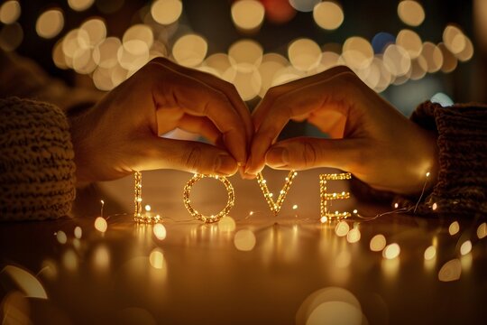 An intimate view of a couple's hands clasping together, with "LOVE" spelled out using delicate golden chains intertwined between their fingers, against a backdrop of soft candlelight