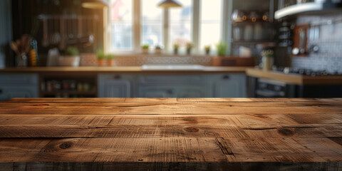 Empty beautiful wood table top counter and blur bokeh modern kitchen interior background in clean and bright,Banner, Ready for product montage	
