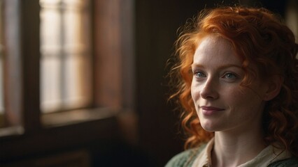 Portrait of a red-haired girl with curly hair in the rays of the sun