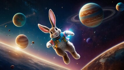 Easter bunny flying in space against the backdrop of the universe, colorful eggs, planets and stars