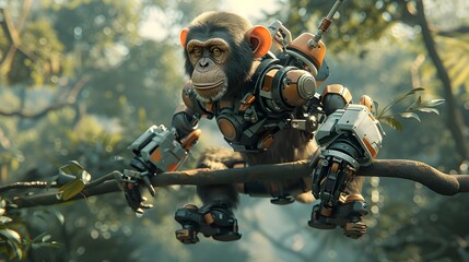 Robotic Monkey Perched on a Jungle Tree Branch, Showcasing a Striking Blend of Organic and Mechanical Elements