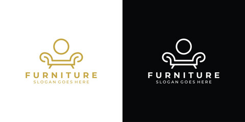Simple Minimalist Furniture Logo. Interior Sofa Chair with Modern Lineart Outline Style. Furnishing Interior Logo Design Template.