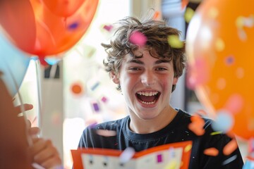 A teenage boy laughing with joy as he opens a birthday card filled with heartfelt messages from his friends, balloons and confetti decorating the room
