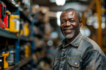 Fototapeta na wymiar Cheerful African man browsing tools in hardware store with a smile and a laugh