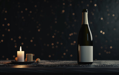 A champagne bottle and candle on a table with glitter and bokeh background