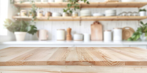 Empty beautiful wood table top counter and blur bokeh modern kitchen interior background in clean and bright,Banner, Ready for product montage	
