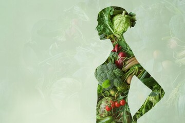 Creative concept, health, vegetarianism, health day. Silhouette of a woman on a background of vegetables, double exposure