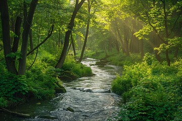 A serene view of a meandering river flowing gently through a lush green forest, framed by towering trees and bathed in dappled sunlight