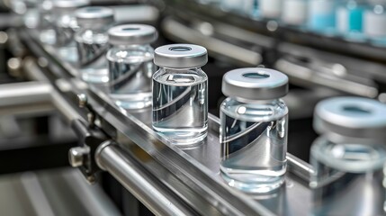 Pharmaceutical manufacturing background with glass bottles on automated conveyor in factory
