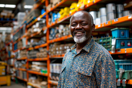 Cheerful African Middle-Aged Man Smiling and Laughing While Selecting Tools in a Hardware Warehouse