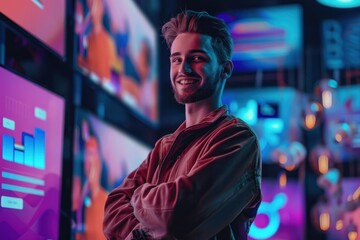 Obraz premium A smiling digital marketer with vibrant color screens