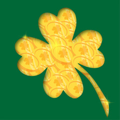 Paper cut St. Patrick's day background clover leaf, gold coins sparkles