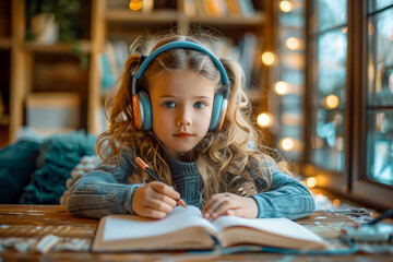 Obraz premium Young Caucasian girl studying at home with headphones on