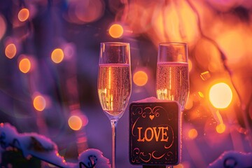 A macro shot of two champagne glasses clinking together, bubbles sparkling in the vibrant sunset light, with "LOVE" written in golden calligraphy on a nearby signpost