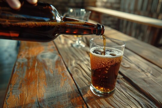 A slowly pouring the fresh amber beer from the bottle into the beer glass on the wooden table