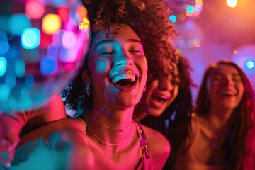 A joyful group of adolescent friends laughing and enjoying a fun-filled birthday bash with a vibrant disco ball illuminating the room
