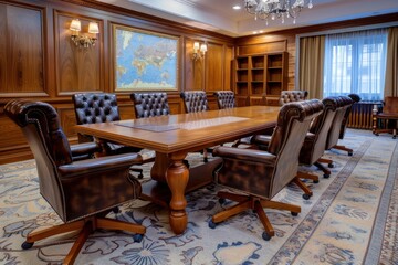 Board of Director. Conference room with an empty leather chairs and a table