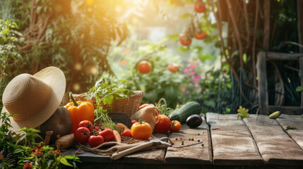 A table with a variety of vegetables and a straw hat on it. The vegetables include tomatoes, squash, and carrots. The straw hat adds a rustic and casual touch to the scene