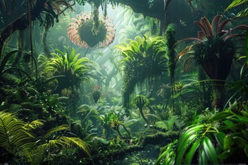 A deep jungle where plants and animals have evolved together into fantastical symbiotic creatures