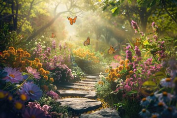 A beautiful garden with a stone path and a variety of flowers - obrazy, fototapety, plakaty