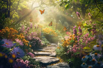 Fotobehang A beautiful garden with a stone path and a variety of flowers © Moon Story