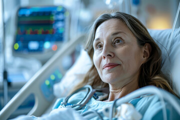 Middle-aged woman on life support: A visual journey through the hospital ward