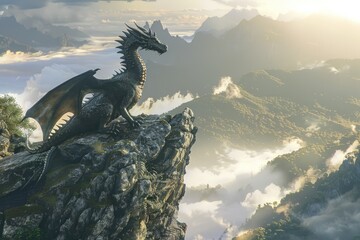 A mysterious dragon perched atop a rugged mountain overlooking a misty valley at dawn - obrazy, fototapety, plakaty