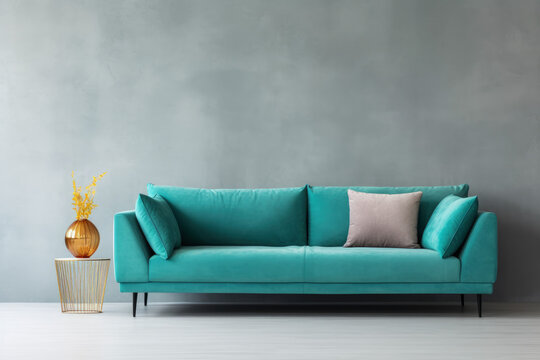 A blue couch sits in front of a wall with a greyish color. A vase with yellow flowers sits on a table in front of the couch. The couch is the main focus of the image